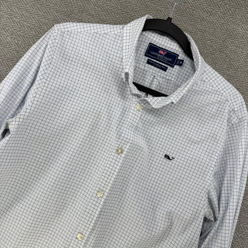 Vineyard Vines Whale Shirt Medium Blue White Cotton Slim Fit Graph Check Preppy